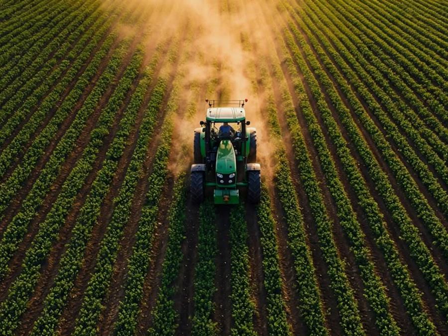 Tractor spraying a crop field