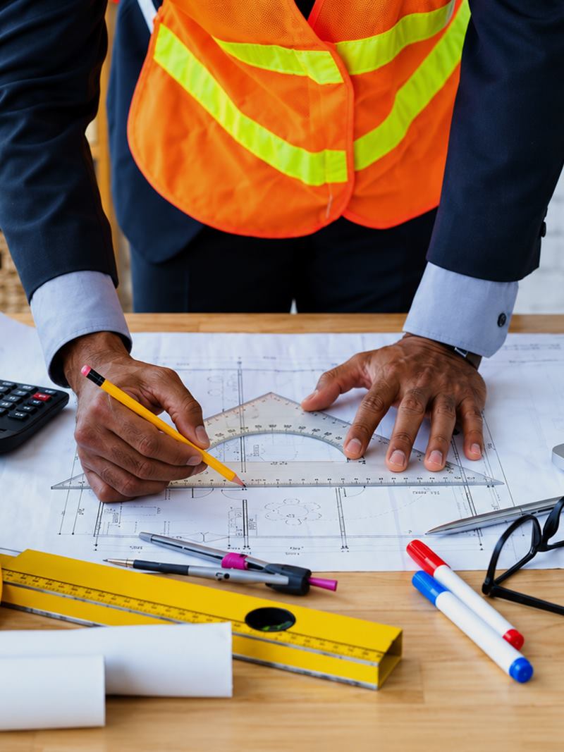 Engineer working on construction drawings